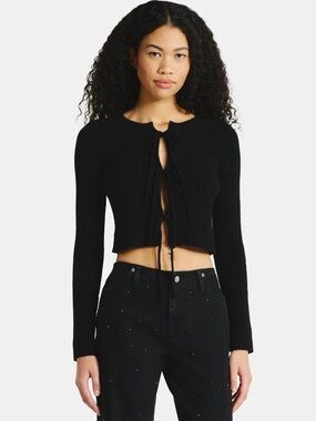 *NWOT* No Boundaries Women’s Black Bow-Tie Ribbed Cardigan Sweater, Size Large